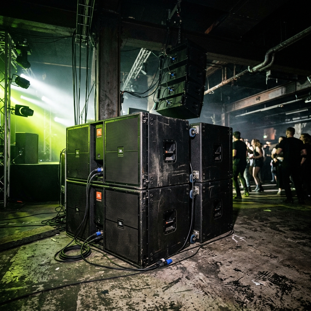 Subgraves apilados en venue nocturno